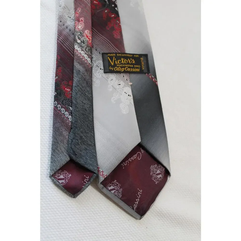 Vintage OLEG CASSINI Gray & Maroon 1960s Necktie, 3 X 53 Inches, Boys Tie